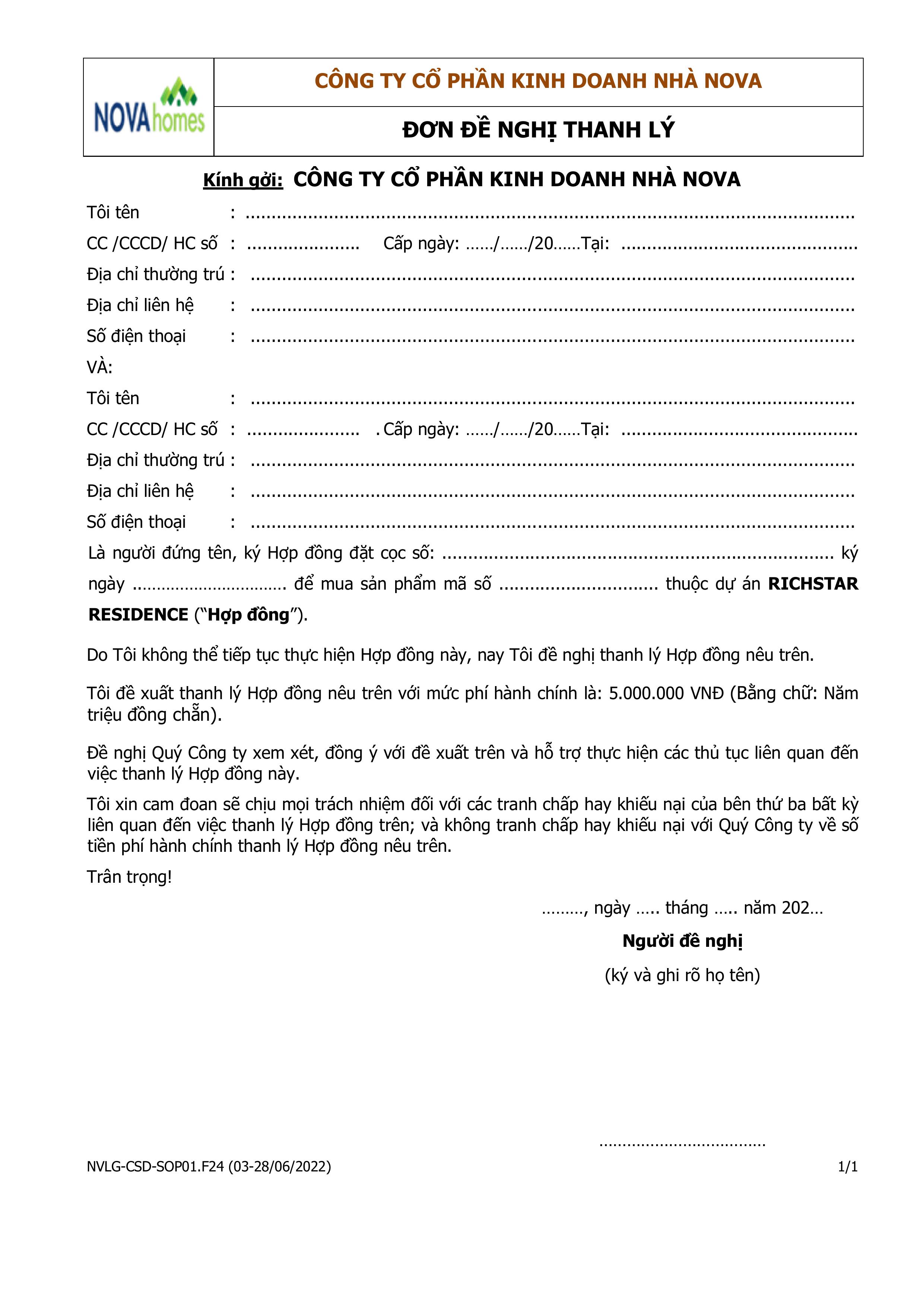 Mẫu đơn đề nghị thanh l&yacute; chuyển nhượng hợp đồng cọc Richstar Novaland